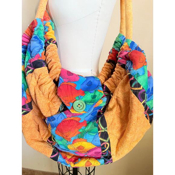 90s VTG Handmade Quilted Hobo Bag Colorful Patchwork Boho Tote Frog Fish - Picture 3 of 5